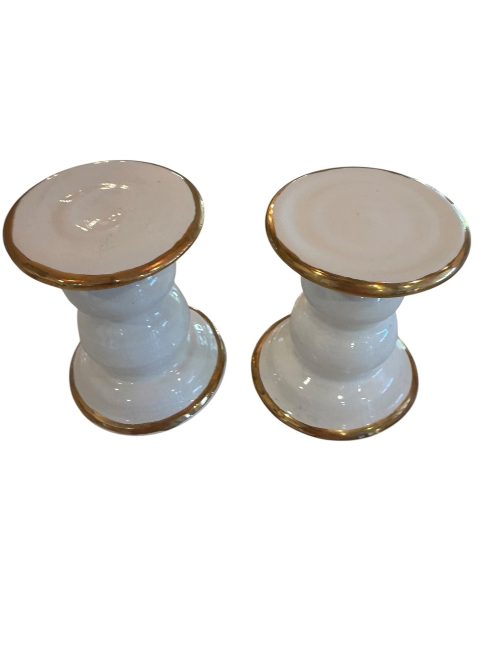 White Ceramic Candle Holders with Gold Rim - Set of 2